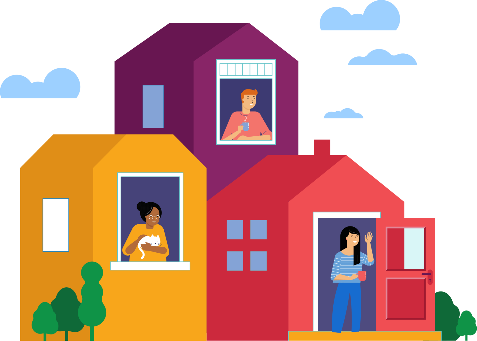 Three people in their houses waving in a friendly way. The houses are painted in bright colors and there are puffy blue clouds in the air.