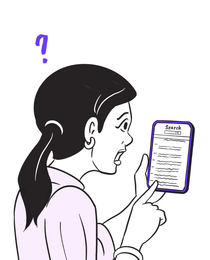 Woman looking confused, cell phone in her hand showing mobile results