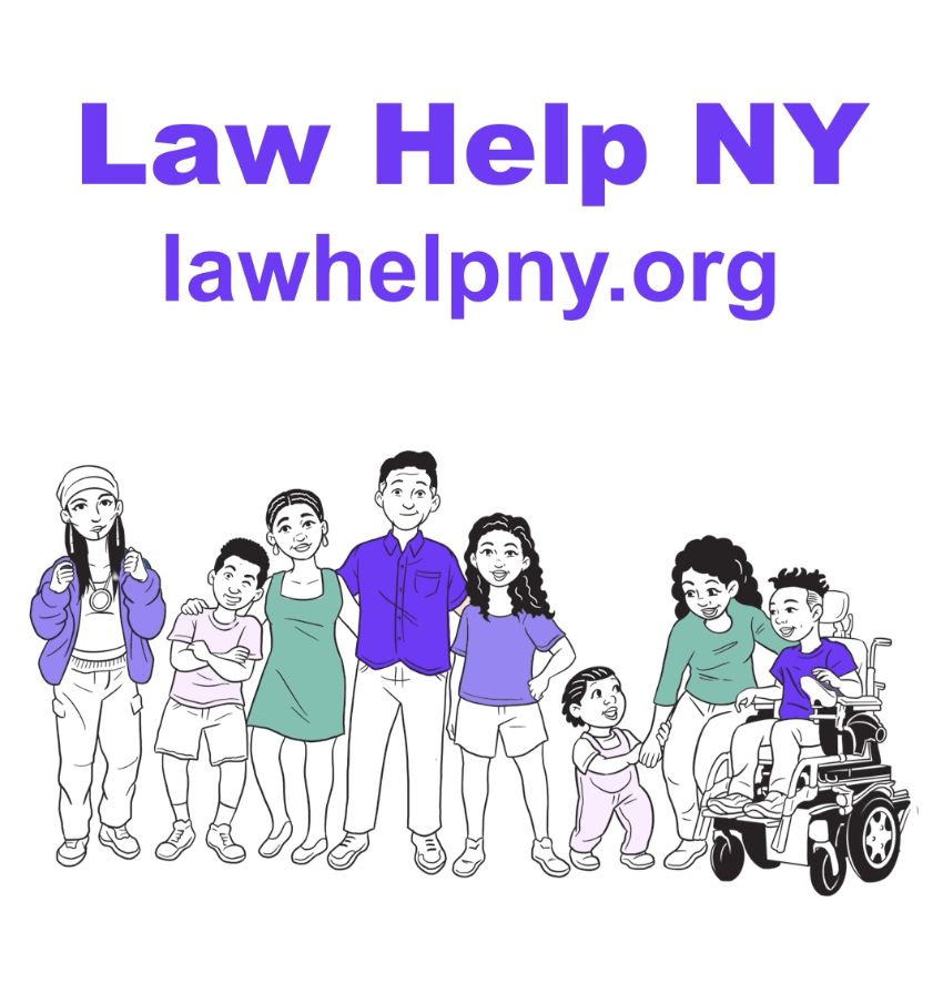 Drawing of diverse New Yorkers under the Law Help NY sign